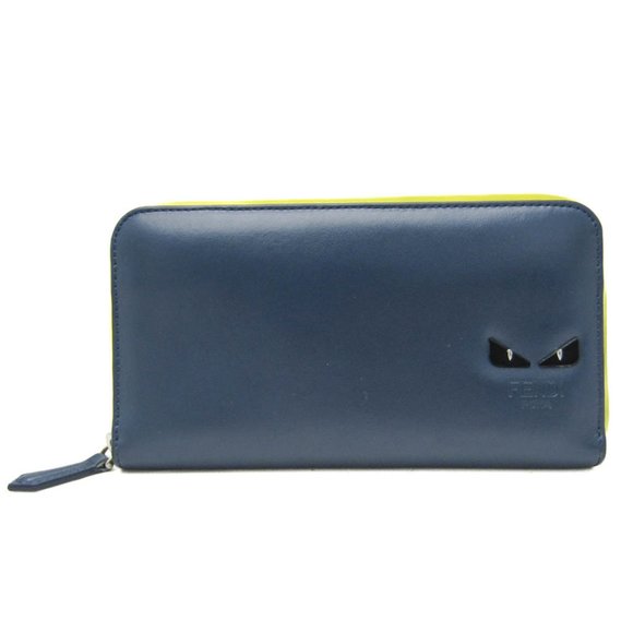 Fendi Bugs Eye 7M0210 WomenMen Leather Long Wallet (bi-fold) NavyYellow